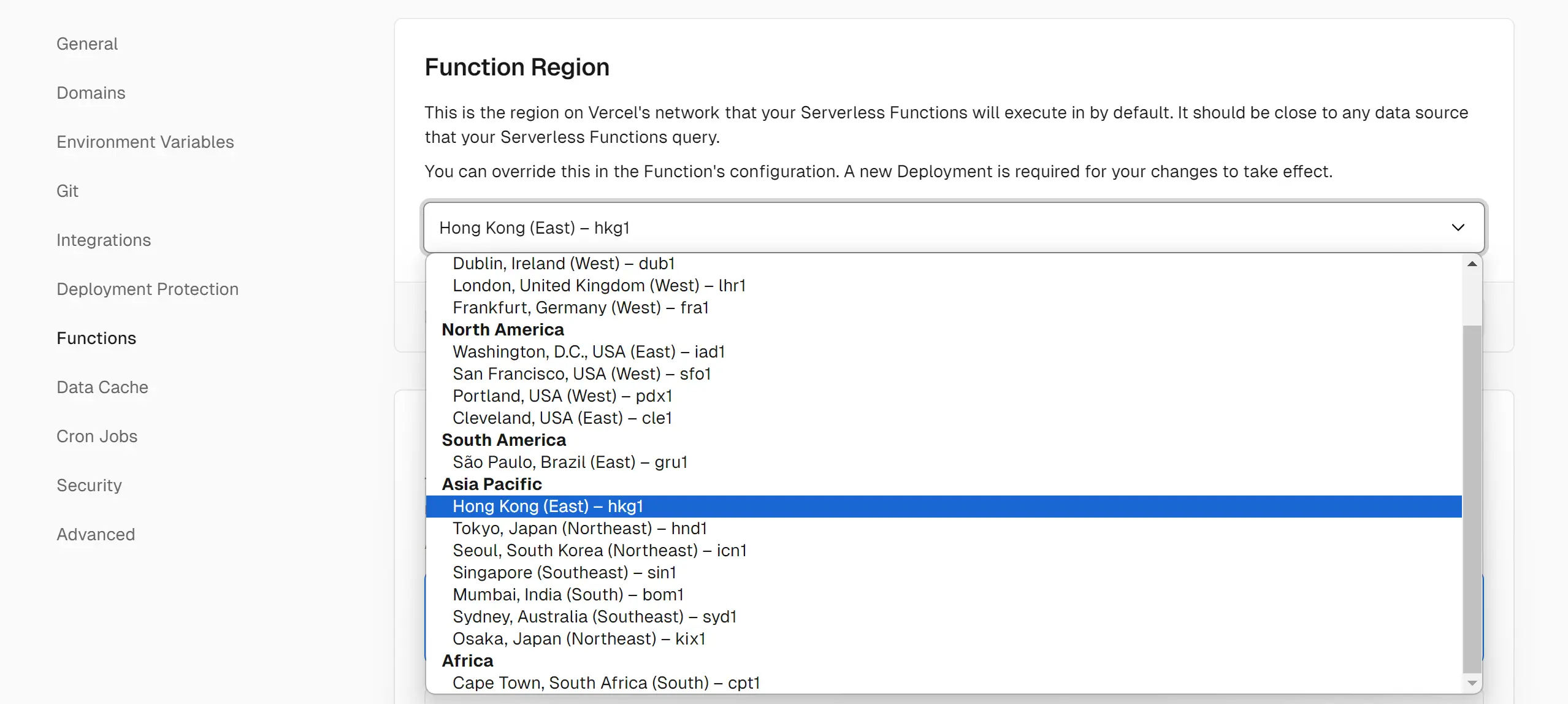 Vercel Select Function Region